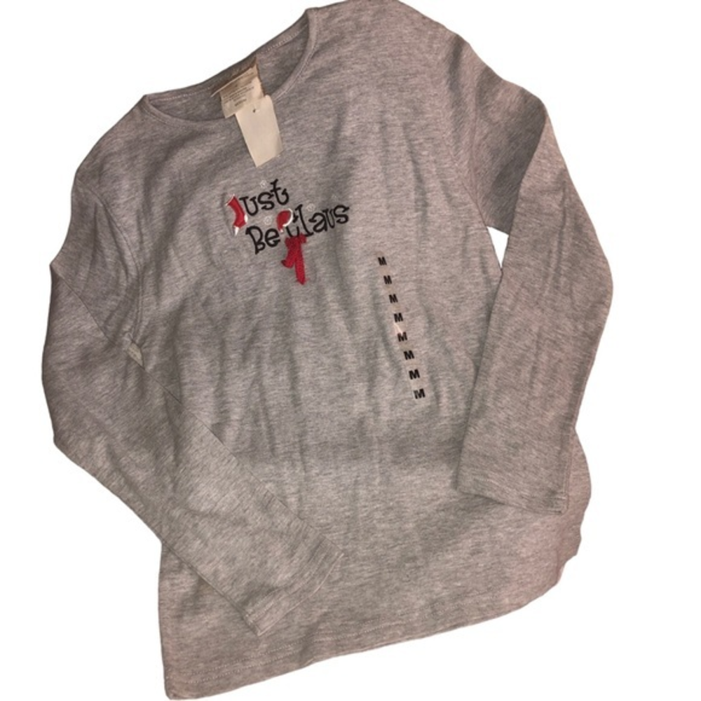 M&C Sportswear Just BeClaus Christmas long sleeve gray top Medium holiday‎